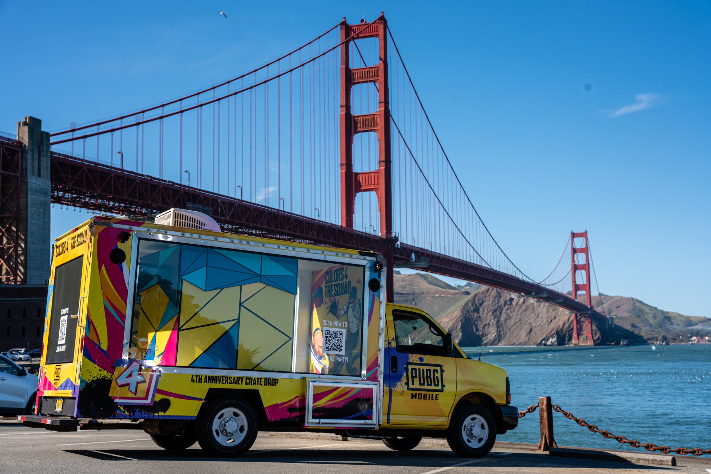 Branded PUBG food truck in front of Golden Gate bridge in San Francisco, CA